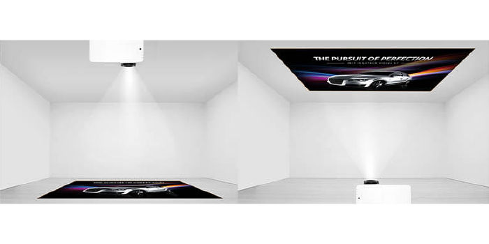 Tilt LK935 vertically to any angle for projection on ceilings, walls, floors, or angled signage, making presentations possible in corporate venues of any size.